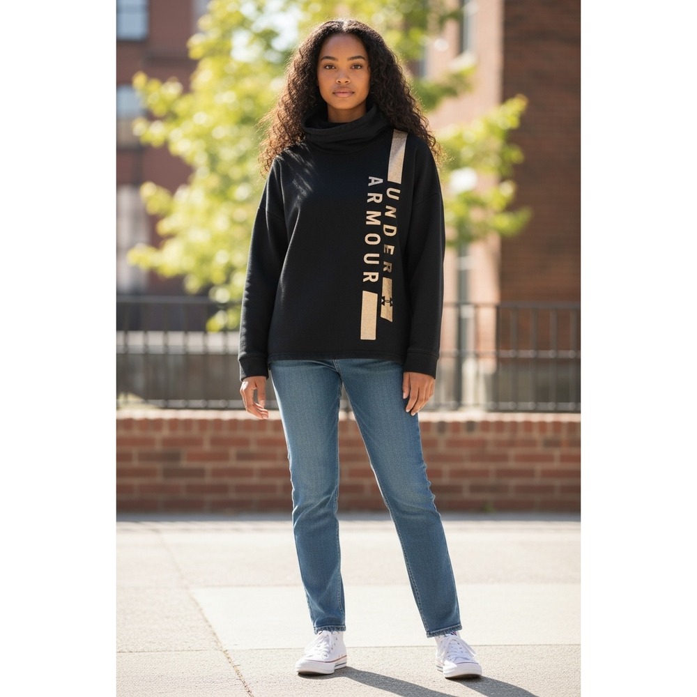 Under Armour Womens Black Gold Metallic‎ Graphic Funnel Neck Fleece Hoodie SM